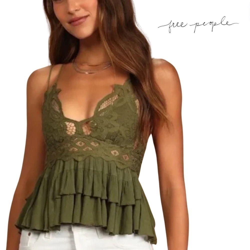 Free People NWT Adella Cami Olive Sparrow Moss Green Smocked Tank - Size XS